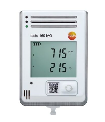 testo 160 IAQ - Registrador de datos WiFi con pantalla y sensores integrados para temperatura, humedad, CO2 y presión atmosférica