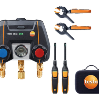 testo 550i Smart Kit - Colector digital controlado por aplicación con sondas de temperatura de pinza amperimétricas inalámbricas (NTC) y termohigrómetros inalámbricos