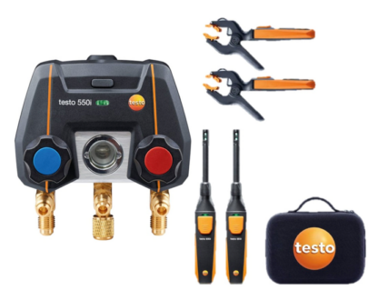 testo 550i Smart Kit - Colector digital controlado por aplicación con sondas de temperatura de pinza amperimétricas inalámbricas (NTC) y termohigrómetros inalámbricos