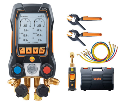 testo 570s Smart Vacuum Kit con mangueras de llenado colector digital inteligente con sondas de vacío y pinza de temperatura inalámbricas y juego de llenado de mangueras de 4 piezas